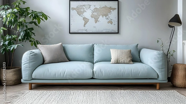 Fototapeta Modern Living Room with Blue Sofa and World Map Decor