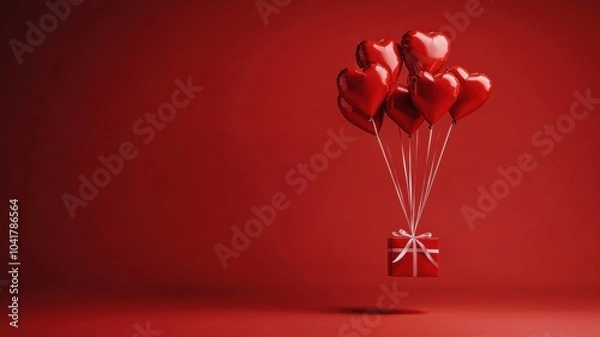 Obraz Floating heart-shaped balloons in red background