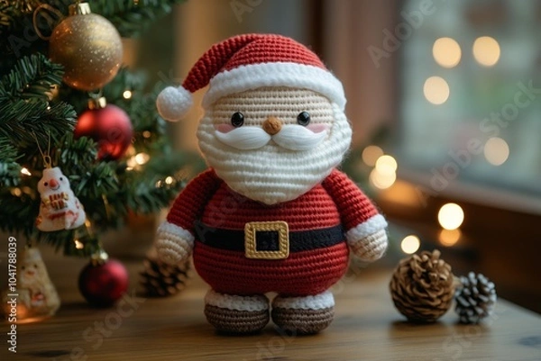 Fototapeta Cute Santa Claus made with crochet or knitting yarn, standing on the table next to a Christmas tree with lights and decorations