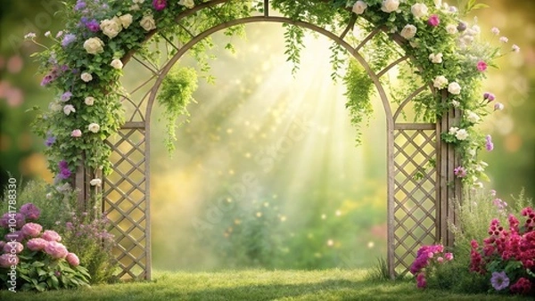 Fototapeta A delicate flower border created using small blooming flowers and foliage arranged along a trellis or arbor, horticulture, botanicals, foliage