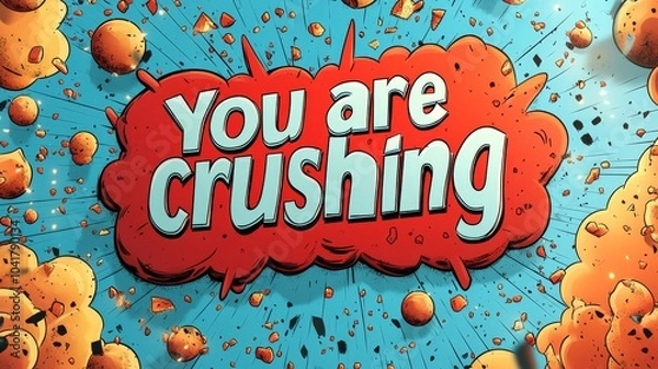 Fototapeta Fun comic speech bubble displaying "You are crushing it" in bold white text with a red outline on a light blue background, vector, 3D illustration