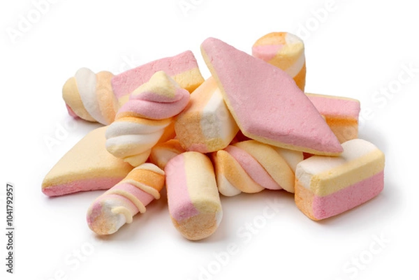 Fototapeta Heap of colorful marshmallow, spekkies, isolated on white background close up