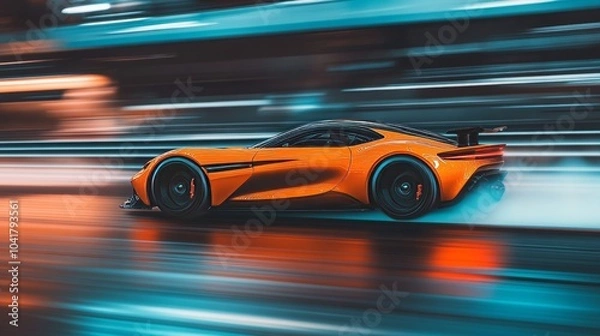 Fototapeta Vibrant orange sports car speeding on a track, highlighting luxury and speed with motion blur.