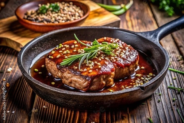 Obraz Closeup of Glazed and Grilled Meat with Sesame Seeds - A Delicious Culinary Delight