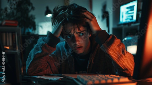 Obraz A teenager looking frustrated while working on a computer, messy desk, low light with a focus on the face, expressive hands holding the head, showing feelings of overwhelm and stress