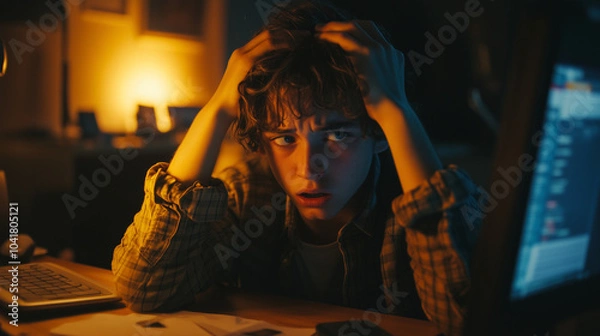 Obraz A teenager looking frustrated while working on a computer, messy desk, low light with a focus on the face, expressive hands holding the head, showing feelings of overwhelm and stress
