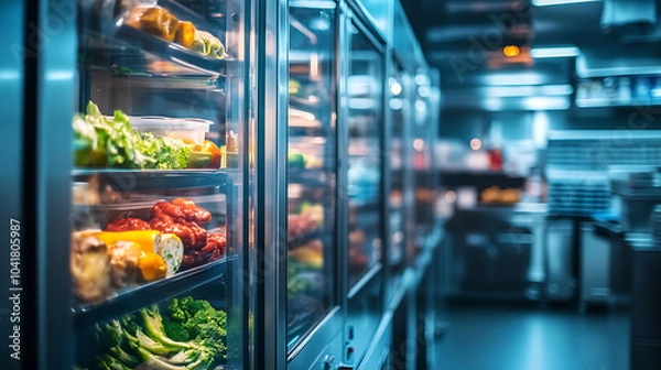 Fototapeta Fresh vegetables and fruits are displayed in refrigeration chamber with glass doors, showcasing variety of colorful produce in modern kitchen setting. cool ambiance enhances freshness of items