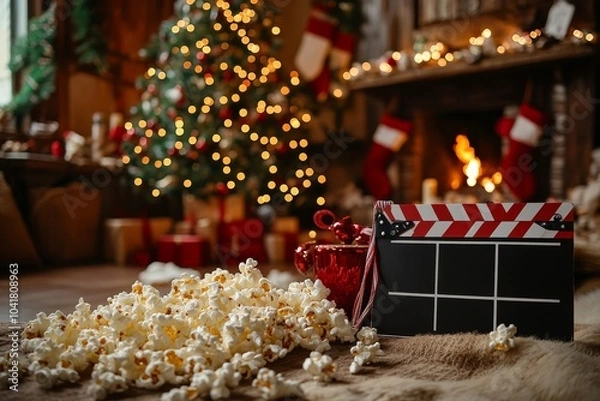 Fototapeta Cozy Christmas scene with a tree, popcorn, and a film clapperboard on a festive setting.