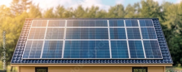 Fototapeta A solar panel array catches sunlight on a roof, showcasing renewable energy technology amidst a serene outdoor setting.