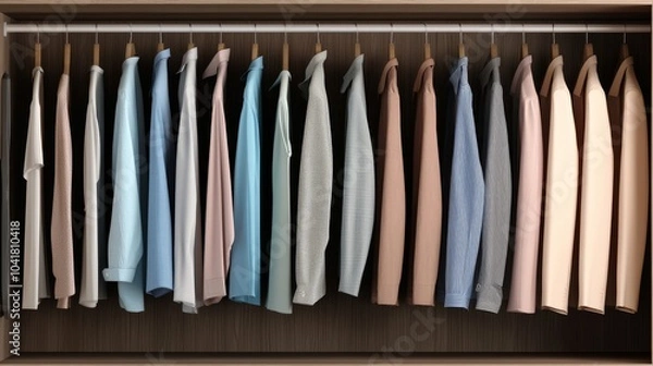 Fototapeta A neat arrangement of shirts hanging in a closet, featuring various colors and patterns, showcasing a fashionable display of clothing options.
