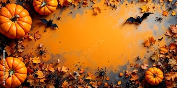 Fototapeta This vibrant orange Halloween banner features bats, spiders, and carved pumpkins, making it perfect for October Halloween events and greetings.