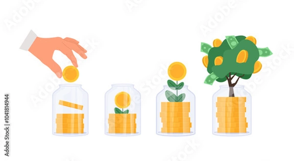 Fototapeta Investment money. Hand putting gold coin in glass jar. Saving money. Profit on deposit in bank and dividend for invest. Vector illustration set isolated.