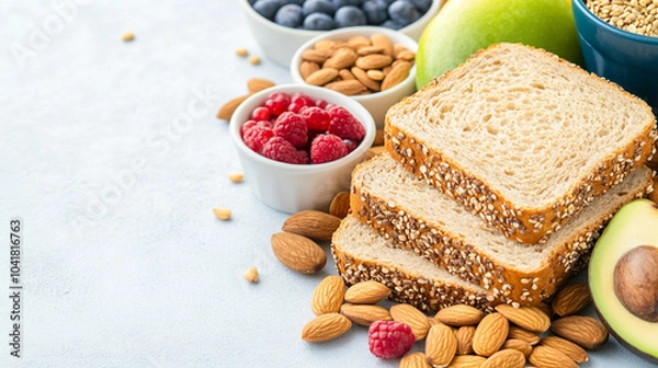 Obraz High fiber healthy food concept with wholegrain bread and rolls, nuts, seeds, fruit, vegetables and grains with foods high in antioxidants, omega 3 fatty acids, anthocyanins and vitamins. Top view.