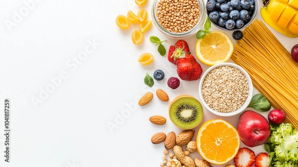 Obraz 
High dietary fiber health food concept with fruit, vegetables, whole wheat pasta, legumes, cereals, nuts and seeds with foods high in omega 3, antioxidants, anthocyanins, smart carbs and vitamins