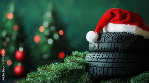Obraz Stacked tires topped with Santa hat, pine decor.
