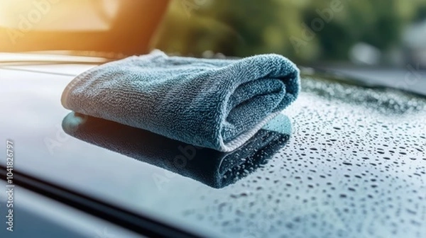 Obraz Clean blue microfiber towel on a wet car surface reflecting light.