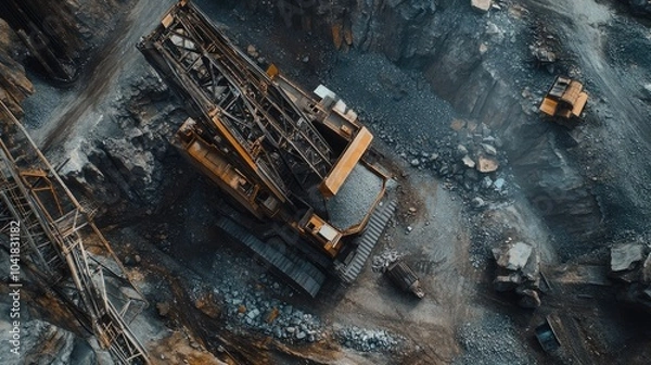 Fototapeta A vertical view of heavy-duty equipment crushing stone ore, highlighting its importance in the mining and extraction industry.