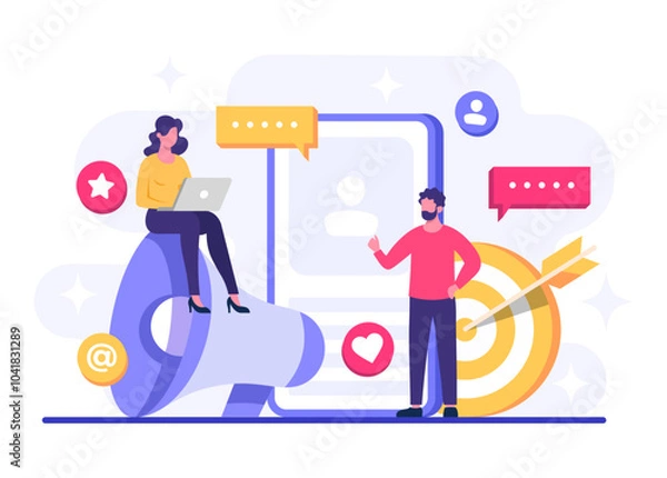 Fototapeta Social media marketing concept flat vector illustration for landing page, web banner, mobile application, banner, business content strategy, web design, Digital marketing online connection concept