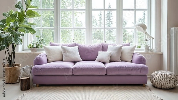 Fototapeta Elegant living room with a soft lavender sofa, large windows, and neutral tones, elegant lavender sofa, airy and sophisticated