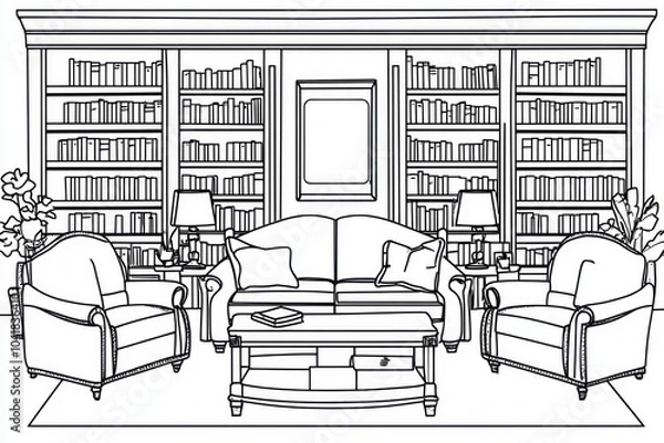 Fototapeta a library with large bookshelves, plush sofas, , coloring page, simple and clean line arts , cartoon style, bold black thick lines, no fill color , no shadaws , no shading, white background