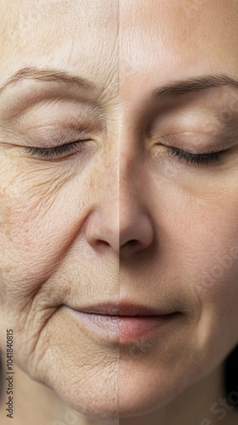 Obraz Split image of aging process on woman's face symmetrically