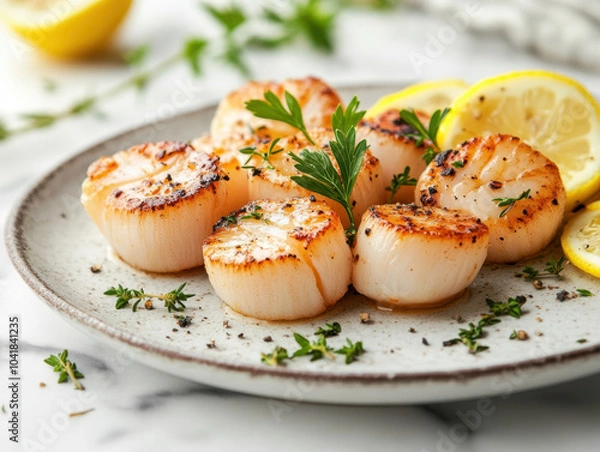 Fototapeta gourmet seafood dish featuring perfectly seared scallops garnished with fresh herbs and lemon slices, creating delightful and appetizing presentation