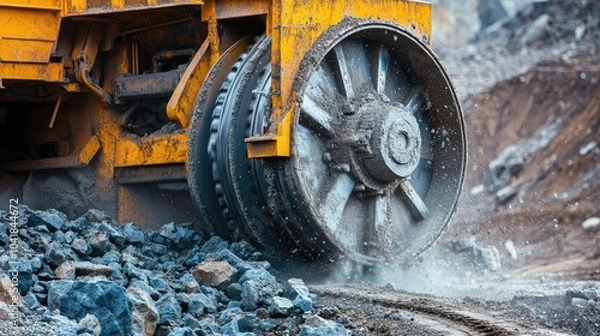 Fototapeta Industrial ore-crushing equipment in use, breaking down stone for processing in large-scale mining operations.
