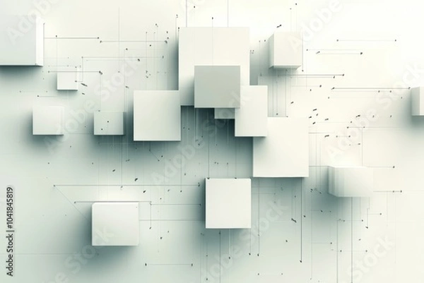 Obraz Multiple cubes of different sizes and shades are interconnected with diagonal lines on a bright surface, creating a visually engaging composition. Generative AI