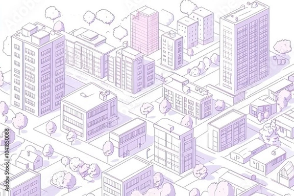 Fototapeta axenometric line drawing of a town. There are houses, some tall buildings, parks, trees. minimalistic style