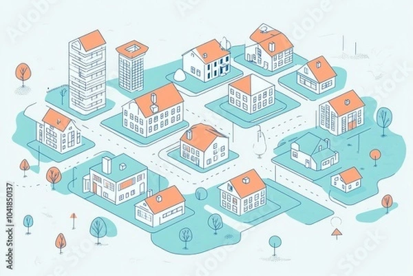 Fototapeta axenometric line drawing of a town. There are houses, some tall buildings, parks, trees. minimalistic style