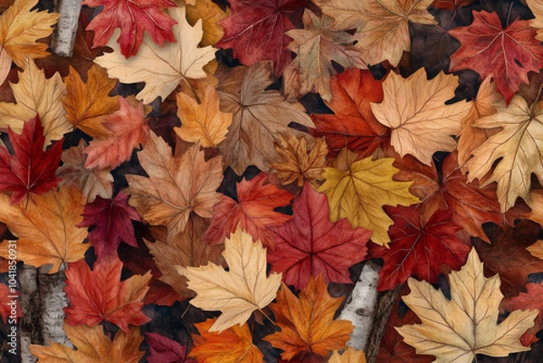 Fototapeta A realistic watercolor artwork showcasing an array of autumn oak and birch leaves, hand-painted in warm tones of red, gold, and brown. The detailed textures and colors bring the beauty of fall to life