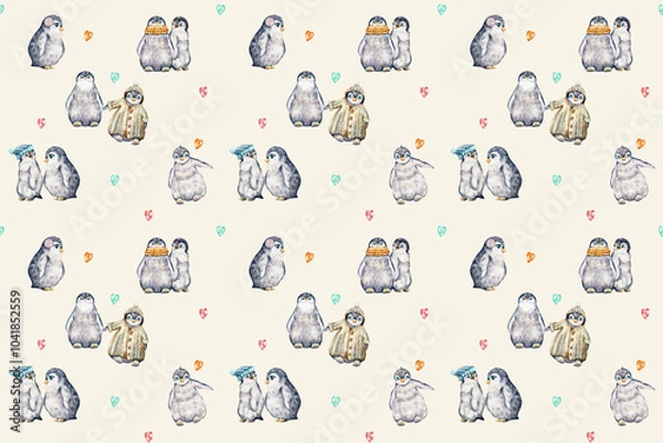Fototapeta seamless watercolor pattern. cute penguins are playing on crisis. little penguins for the holidays.   Christmas. animals on Christmas