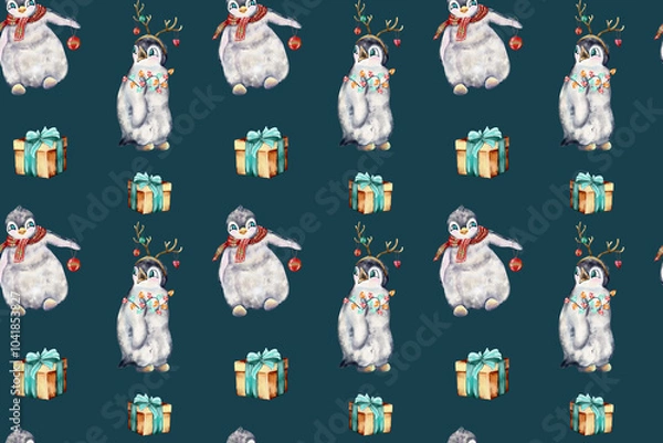 Fototapeta seamless watercolor pattern. cute penguins are playing on crisis. little penguins for the holidays.   Christmas. animals on Christmas