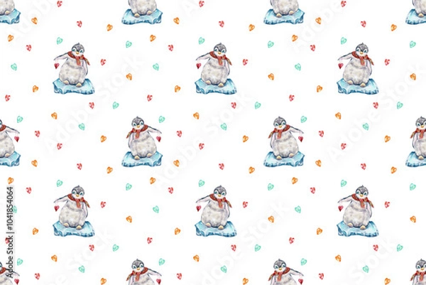 Fototapeta seamless watercolor pattern. cute penguins are playing on crisis. little penguins for the holidays.   Christmas. animals on Christmas