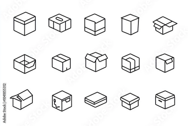 Fototapeta Box and packaging line icon set. Cargo, open, closed, crumpled box, delivery, pack box and others. Outline vector icon in linear style. Conceptual pictogram collection