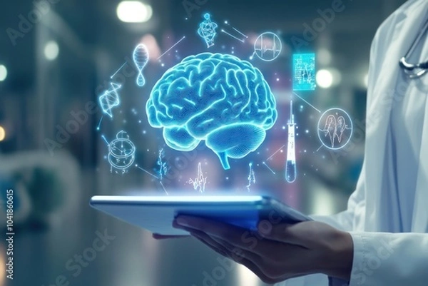 Fototapeta Digital healthcare visual with brain hologram