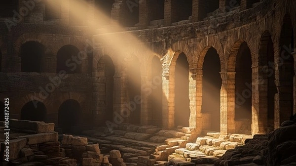 Fototapeta Sunbeam piercing through ancient ruins of a Roman amphitheater, worn stones and arches illuminated in a majestic scene
