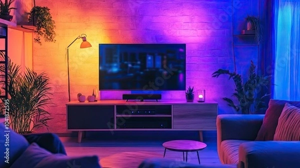 Fototapeta A modern TV screen mounted on the wall in a stylish room with contemporary furniture, ambient lighting, and decorative elements. --chaos