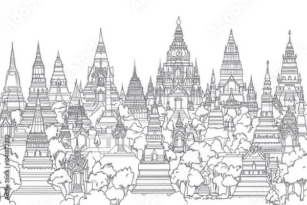 Fototapeta flat asset sheet, multiple assets in a row, black and white Outline fantasy temples and towers, white background