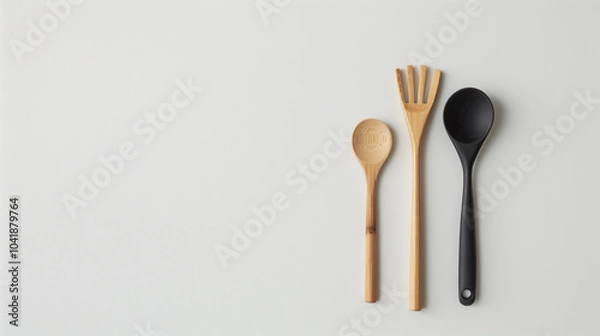 Fototapeta Minimalist Set of Bamboo and Black Kitchen Utensils