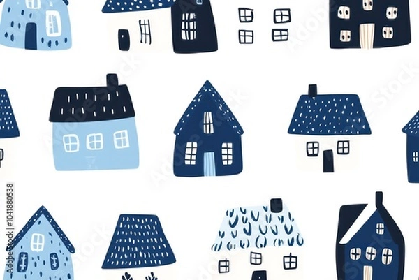 Fototapeta Icono minimalista de lÃ­nea simple dibujado a mano de varias casas rurales, colores azules, fondo blanco