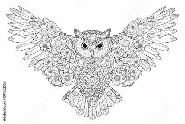 Fototapeta A beautifully intricate black and white illustration of an owl with floral patterns, showcasing its majestic wings and detailed features.