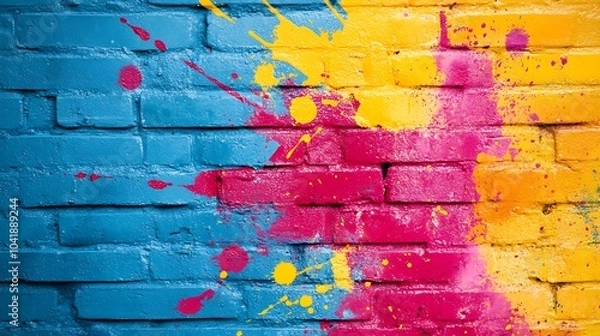 Obraz Colorful Splashes of Paint on a Brick Wall Background – Holi Festival Concept with Vibrant Colors and Vintage Style