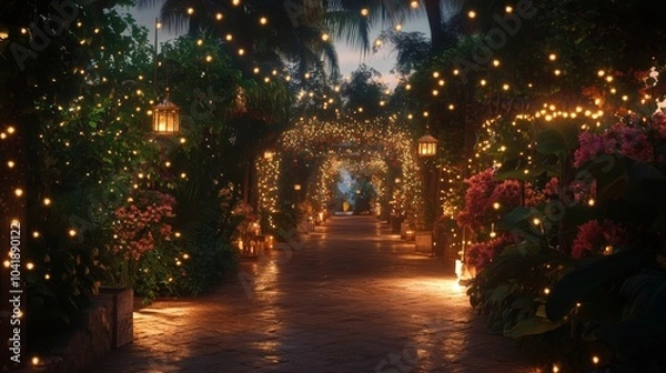 Fototapeta A Magical Pathway of Lights Surrounded by Lush Greenery and Flowers