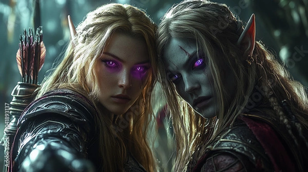 Fototapeta Two fierce elf warriors with glowing eyes in a mystical forest setting