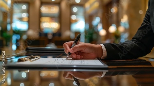 Fototapeta Close-up of a professional woman signing a document in a modern office setting.