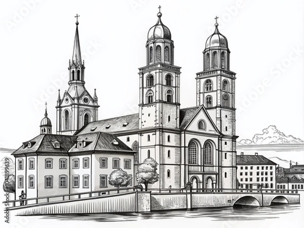 Obraz Hand-Drawn Grossmünster Church Illustration in Zurich, Switzerland - Black Silhouette on White Background for Artistic