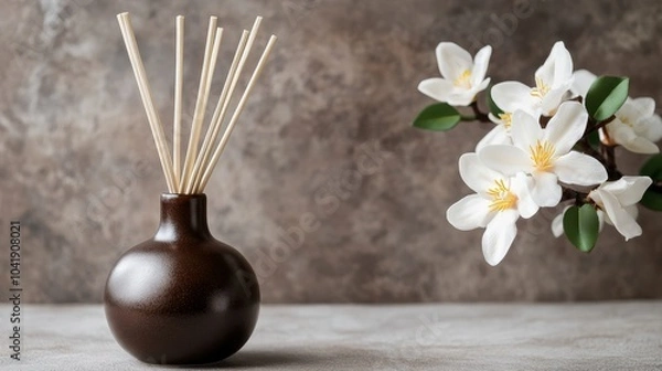 Fototapeta Aroma Diffuser with Vanilla Sticks and Custom Text Space for Branding