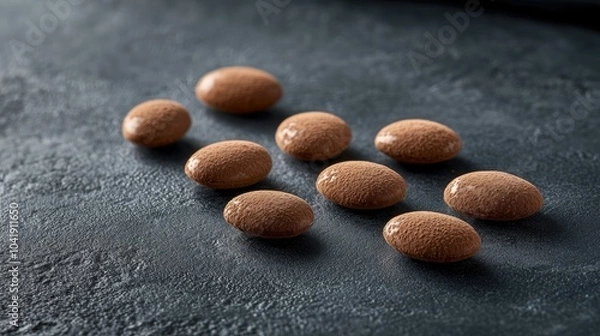Fototapeta Cocoa-dusted chocolate almonds placed on a dark background, with the fine powder coating creating a luxurious and textured appearance. --chaos