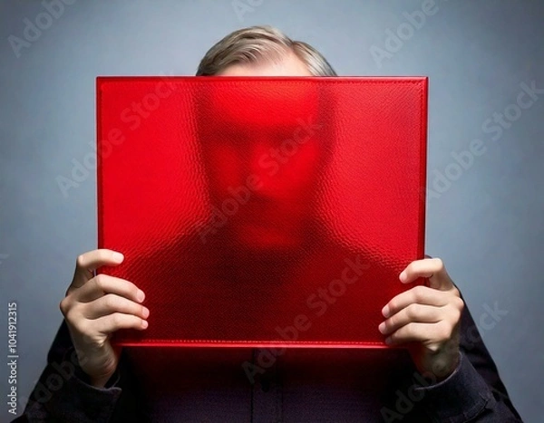 Obraz Ein Mann versteckt sein Gesicht hinter einem roten Milchglas, das er in den Händen hält.